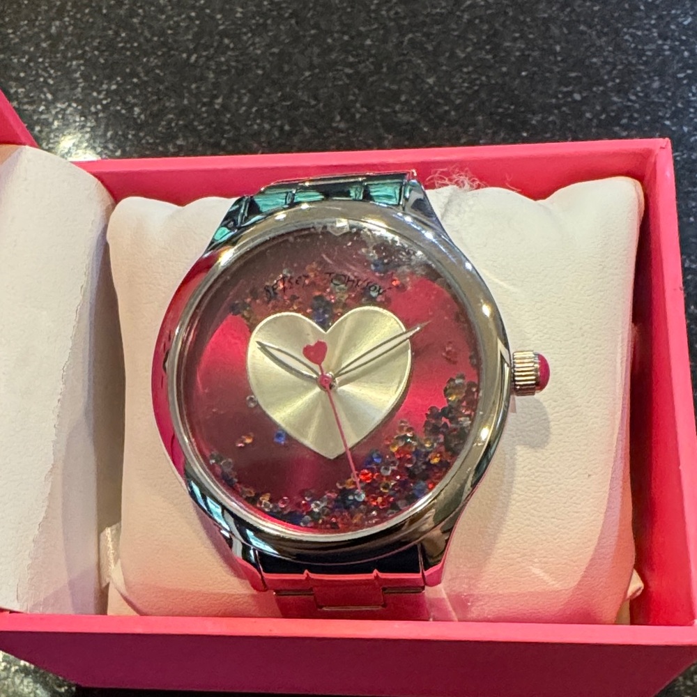 Betsey Johnson Pink and Silver Heart Watch with movable confetti crystals